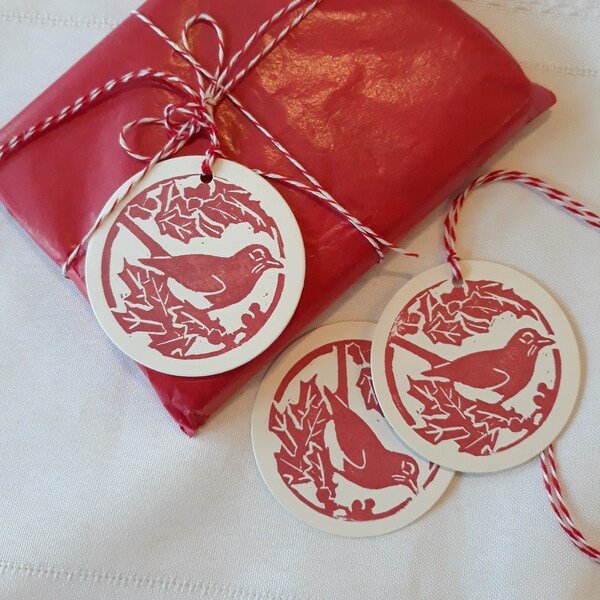 Robin Christmas Gift Tag Round - Set of Six hand stamped from hand carved stamp