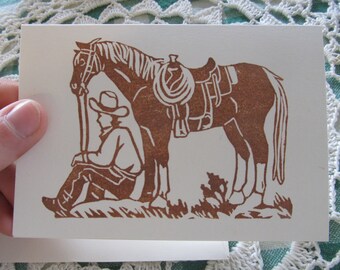 Cowboy Notecards - Handstamped Set of Six from hand carved stamp