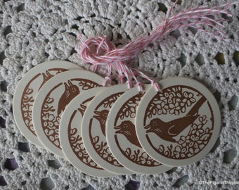 Easter Spring Robin Gift Tag Round - Set of Six hand stamped from hand carved stamp