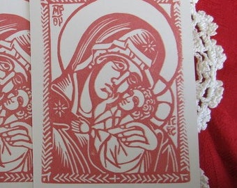 Theotokos Marian Notecards - Set of six hand printed linocut cards