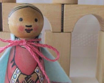 Princess Peg Doll with Cloak -watercolored large size 3.5"