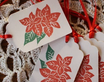 Christmas Poinsettia Gift Tags  - Hand Stamped Set of Six from Original Hand Carved Stamps
