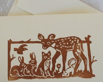 Woodland Animals Notecards - Handstamped Set of Six from hand carved stamp