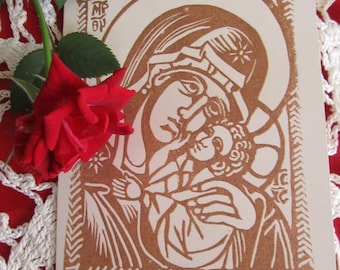 Theotokos Marian Notecards - Set of six hand printed linocut cards