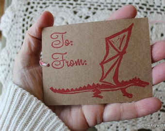 Dragon Tags - Red or Green - Hand stamped tags Set of Six