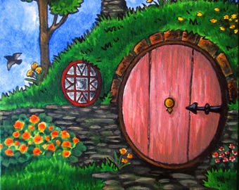 Framed Hobbit Home painting - Pink Door- Original Ink and Watercolor in Upcycled Frame
