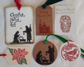 Christmas Gift Tags Assortment - Set of Twelve hand stamped tags