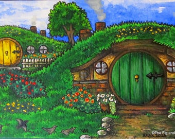 Framed Hobbit Hole Painting-The Shire-  Original Ink and Watercolor Illustration
