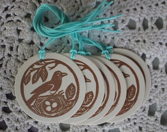 Robin Nest Easter Gift Tag Round - Set of Six hand stamped from hand carved stamp