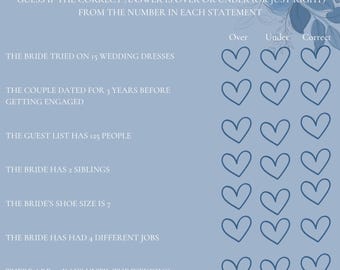 May include: A light blue wedding game card with the text "Over or Under". The card includes statements about the bride and groom, with spaces to guess if the answer is over, under, or correct. Floral design accents the top.