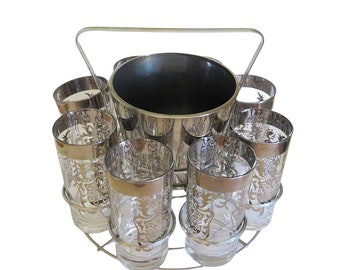 Vintage MCM Kimiko Barware Set Silver Shields with Caddy