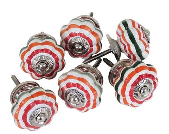 Six Colorful Red Orange and Green Striped Ceramic Drawer Knobs Pulls Multiples