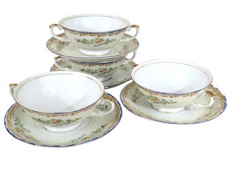 Four Empress China Hand Painted Cream Soup Bowls and Plates Floral