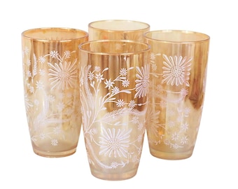 Four Vintage Jeanette Floragold Carnival Glass Tumblers