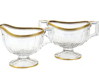 Art Deco Wide Ribbed Glass Creamer and Sugar Bowl Gold Trim