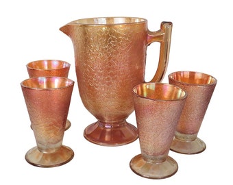 Jeanette Marigold Carnival Glass Pitcher and Tumblers Crackle