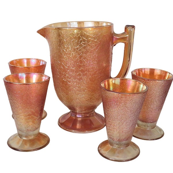 Jeanette Marigold Carnival Glass Pitcher and Tumblers Crackle