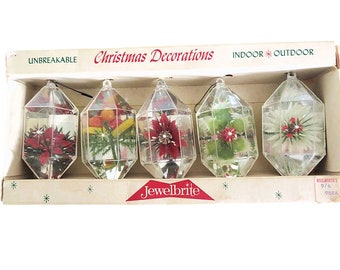 Five Vintage Jewelbrite Plastic Diorama Christmas Ornaments