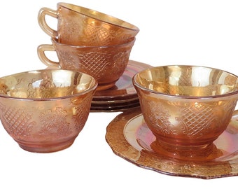 Four Federal Glass Normandie Cups and Saucers Marigold Carnival