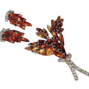 Vintage Orange Rhinestone Brooch and Earring Set