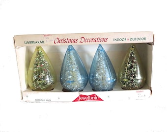 Four Vintage Jewelbrite Plastic Teardrop Christmas Ornaments with Brush Trees