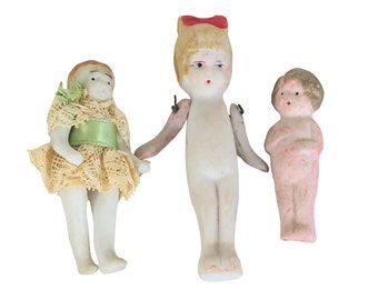 Three Tiny Antique Bisque Penny Dolls