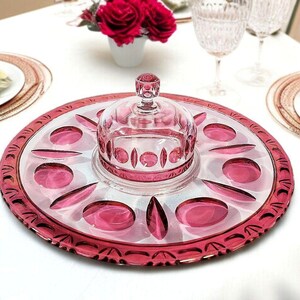 Large Ruby Flashed Glass Serving Tray with Center Dome