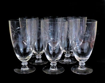 Eight Crystal Water Goblets Simple Leaf Pattern