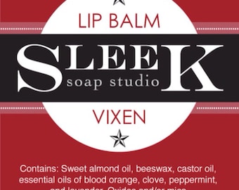 Vixen Lip Balm Skincare, makeup, lip gloss, beeswax, blood orange, peppermint, clove, almond oil, red lavender, tinted lips