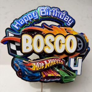 Hot Wheels Cake Topper | Custom Name & Age | Race Car Birthday Decoration