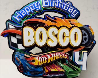 Hot Wheels Cake Topper Personalized – Custom Name & Age – Race Car Birthday Decoration – Kids Birthday Topper