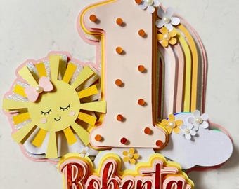 One Year Cake Topper | Custom Name & Age | Rainbow and sun Birthday Decoration
