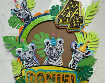 Safari Animal Cake Topper Personalized – Jungle Birthday Decoration – Custom Name & Age – Wild Party- Animal Party