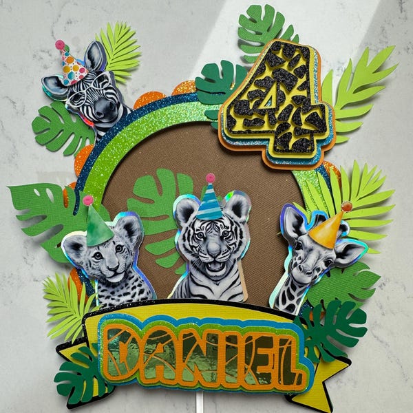 Adorno personalizado para pastel con animales de safari – Decoración de cumpleaños con temática de la selva – Nombre y edad personalizados – Fiesta salvaje – Fiesta de animales