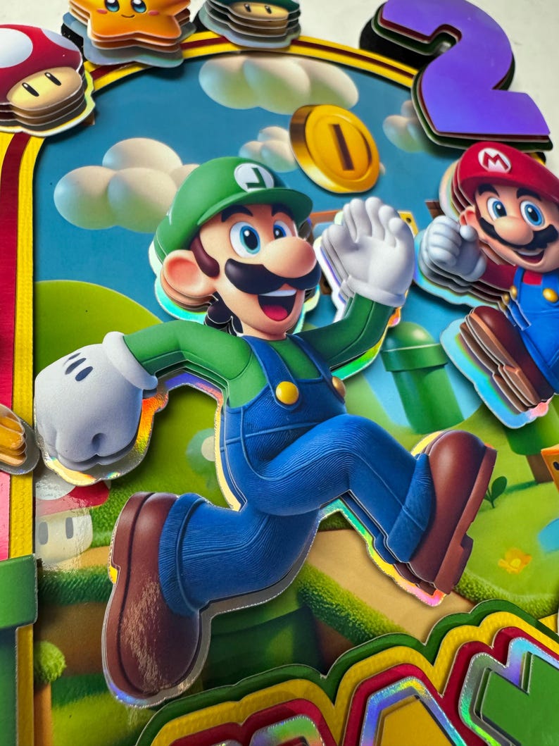 May include: A colorful, layered image featuring the characters Luigi and Mario from the Super Mario Bros. franchise. Luigi is in mid-jump, with a green hat and overalls. Mario is also present. The background includes a blue sky, clouds, and a gold coin.