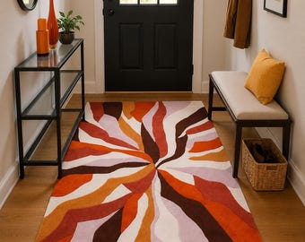 Abstract Sunburst Rug, Hand Tufted Wool Area Rug, Modern Orange Brown Living Room Carpet
