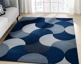 Navy Blue Geometric Rug | Modern Abstract Living Room Carpet