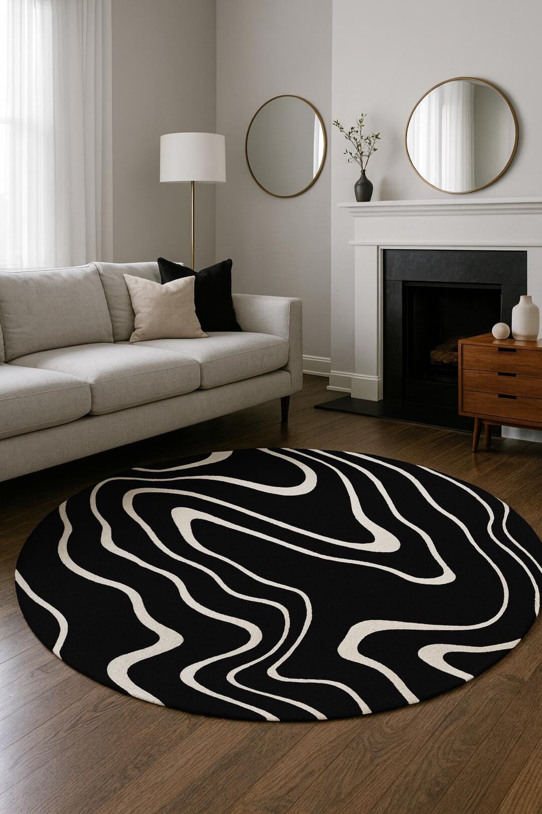 Modern Round Rug | Black & Cream Wavy Line Art Carpet - Etsy