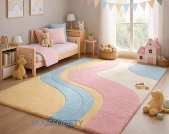 Hand Tufted Wool Rug, Pastel Rainbow Wavy Carpet, Kids Nursery
