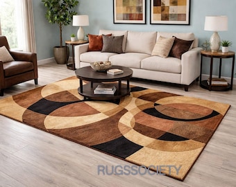 Hand Tufted Wool Area Rug, Brown Beige Black Geometric Design