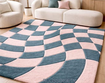 Tappeto in lana annodato a mano, motivo a scacchiera geometrica rosa e verde acqua
