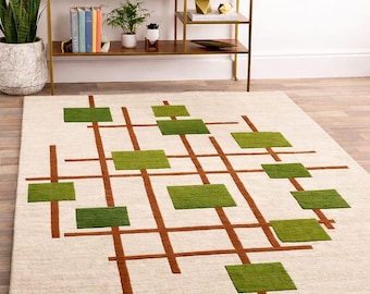 Hand Tufted Geometric Rug | Green & Beige Mid Century Modern Carpet