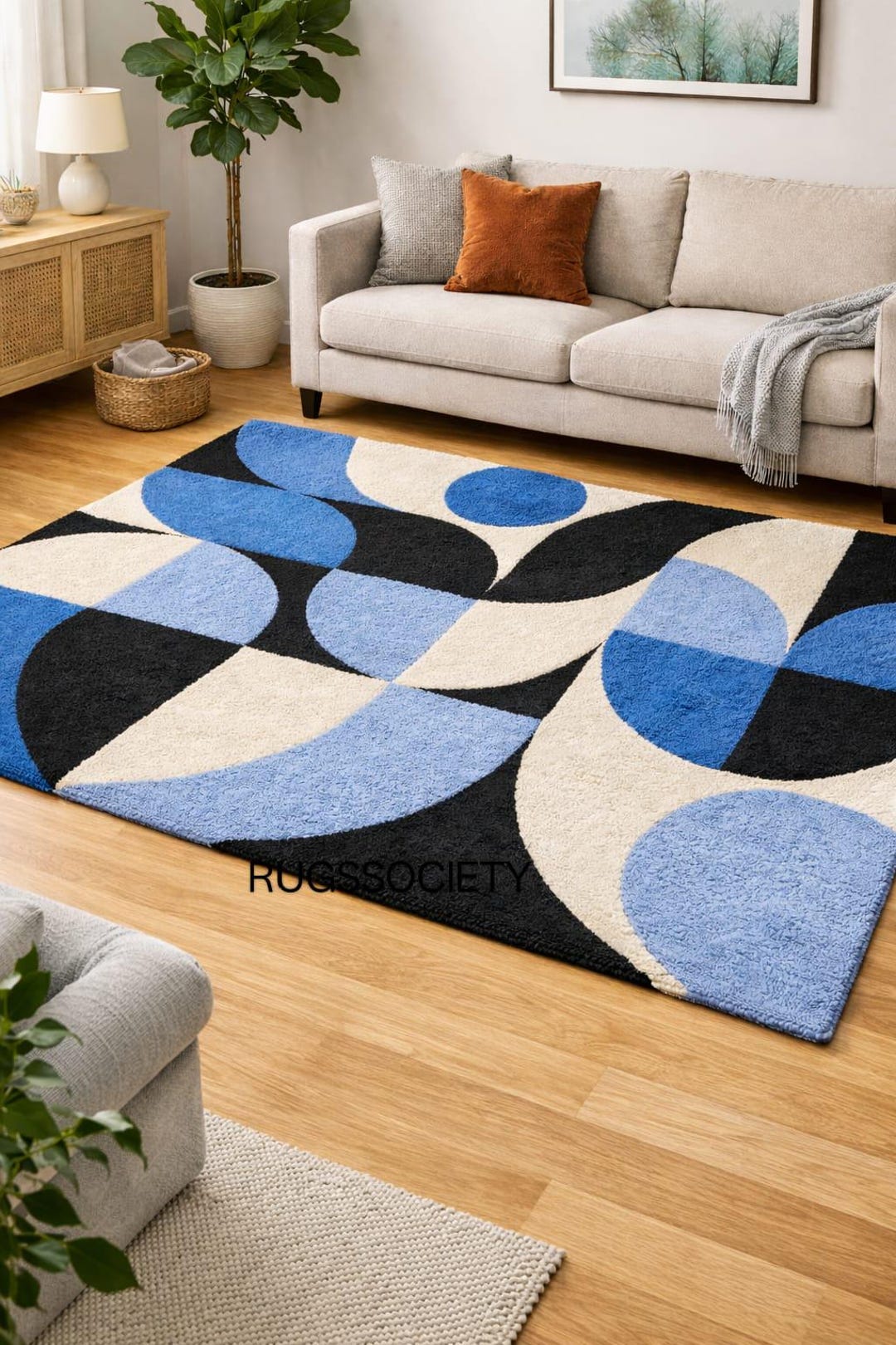 Modern Abstract Blue Black Hand Tufted Rug Geometric Living Room Area ...