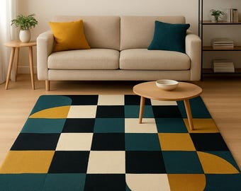 Modern Geometric Hand Tufted Wool Area Rug, Teal Mustard Abstract Living Room Decor