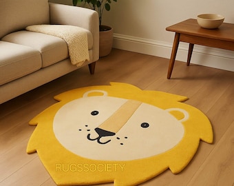 Hand Tufted Lion Rug, Kids Room Nursery Decor, Yellow Cartoon Animal Carpet