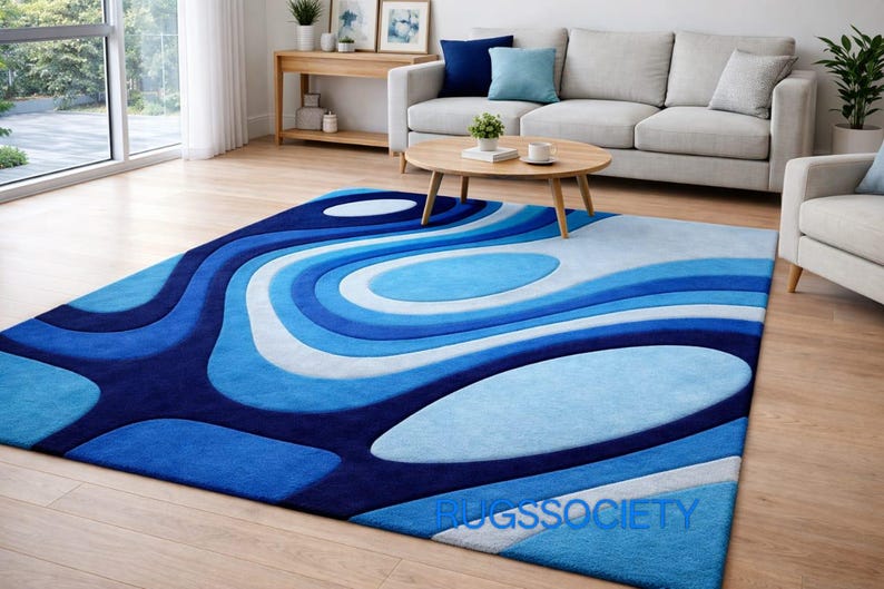 Abstract Blue Rug Pattern Blue Wave Wool Rug | Modern Abstract Hand-tufted Carpet - Etsy