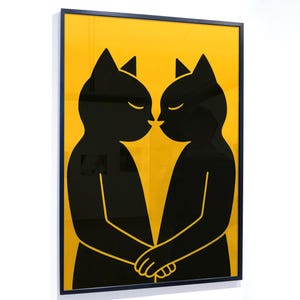 You and No One Else – Black Cats Holding Hands | Minimalist Cat Print in Yellow | Emotional Wall Art | Furry-Inspired Couple Poster Linocut