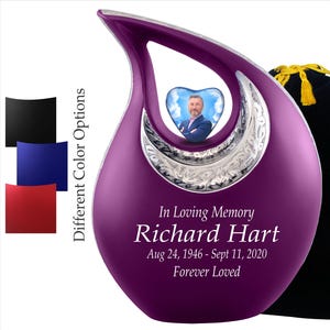 Personalized Photo Matte Purple Teardrop Urns for Ashes Adult Male Female - Decorative Funeral Urn - Cremation Urns For Human Adult Ashes
