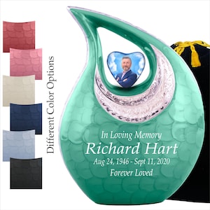 Personalized Photo SeaGreen Enamel Teardrop Urns for Ashes Adult Male Female - Decorative Funeral Urn - Cremation Urns For Human Adult Ashes