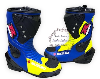 Stivali da moto da uomo Suzuki GSXR in pelle, scarpe lunghe da motociclista per sicurezza e guida.